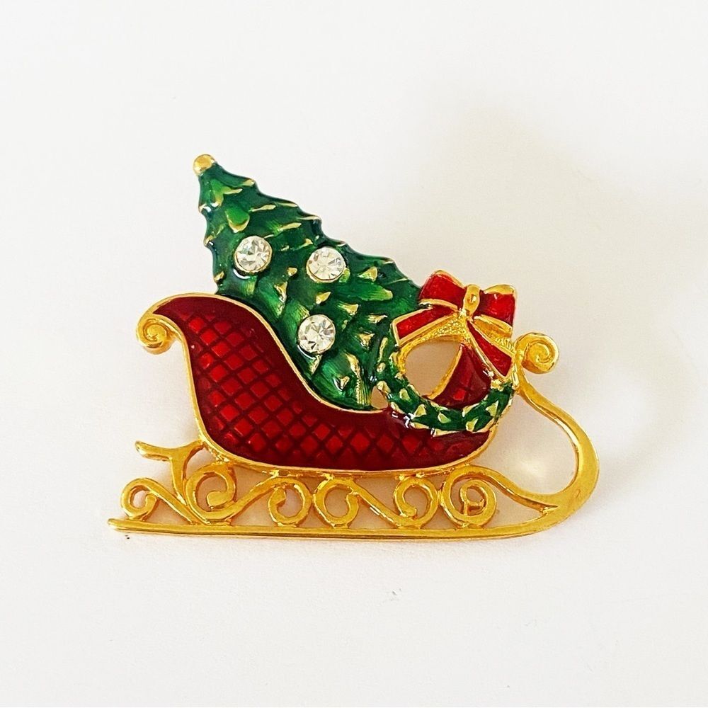 Vintage Eisenberg Ice Christmas sleigh enamel gold rhinestone brooch